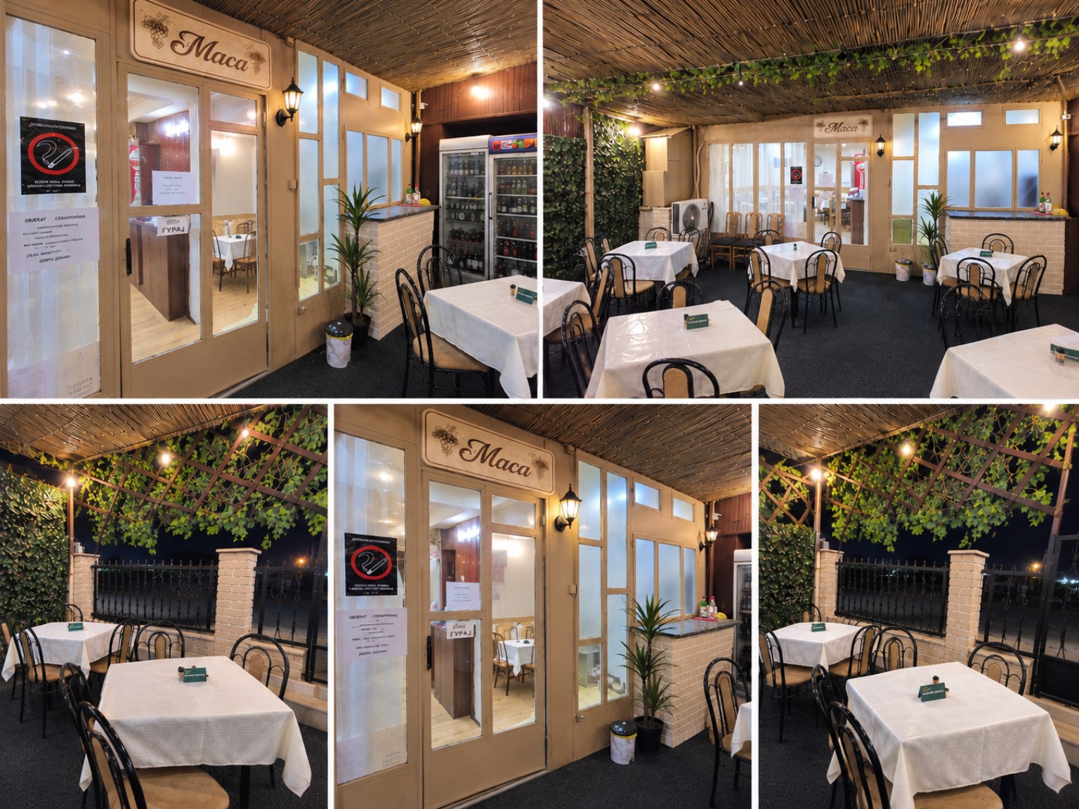 Terasa restorana Maca sa stolovima i zelenilom